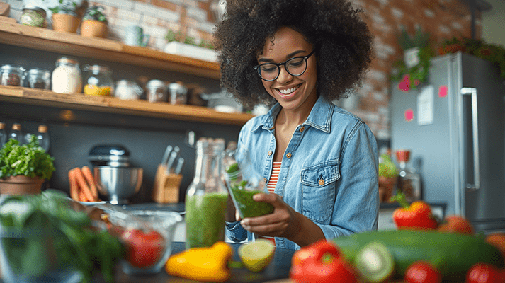 healthy woman in kitchen with vegetables on counter